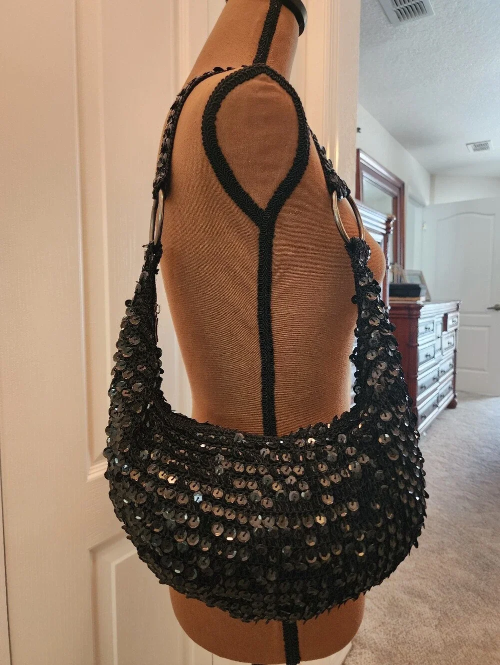 Vintage Bisou Bisou Y2K Black Sequin Hobo Shoulder Bag Handbag Grunge Fairy